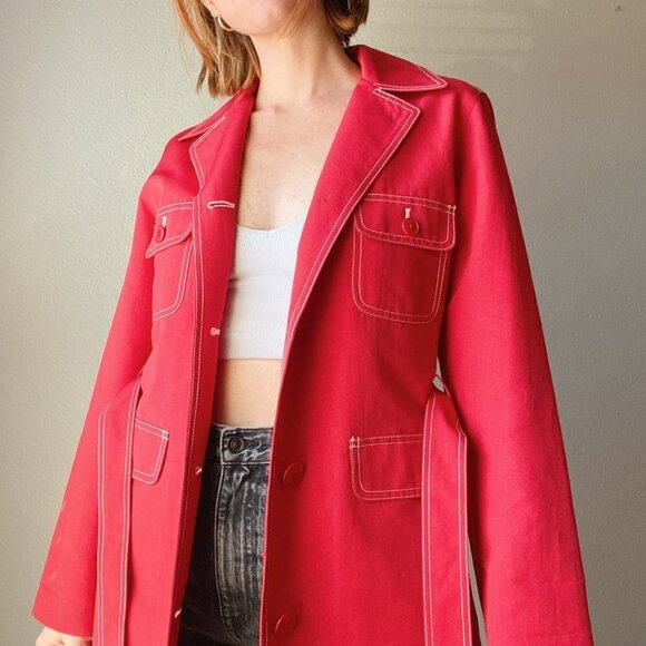 J. Crew Red Cotton White Outstitch Trim Belted Long Trench Coat Jacket - Picture 7 of 9